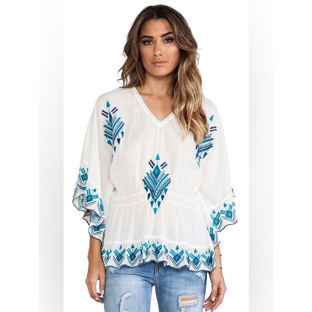 Anthropologie RAGA White Boho Chic Peasant Top with Blue Embroidered Motifs